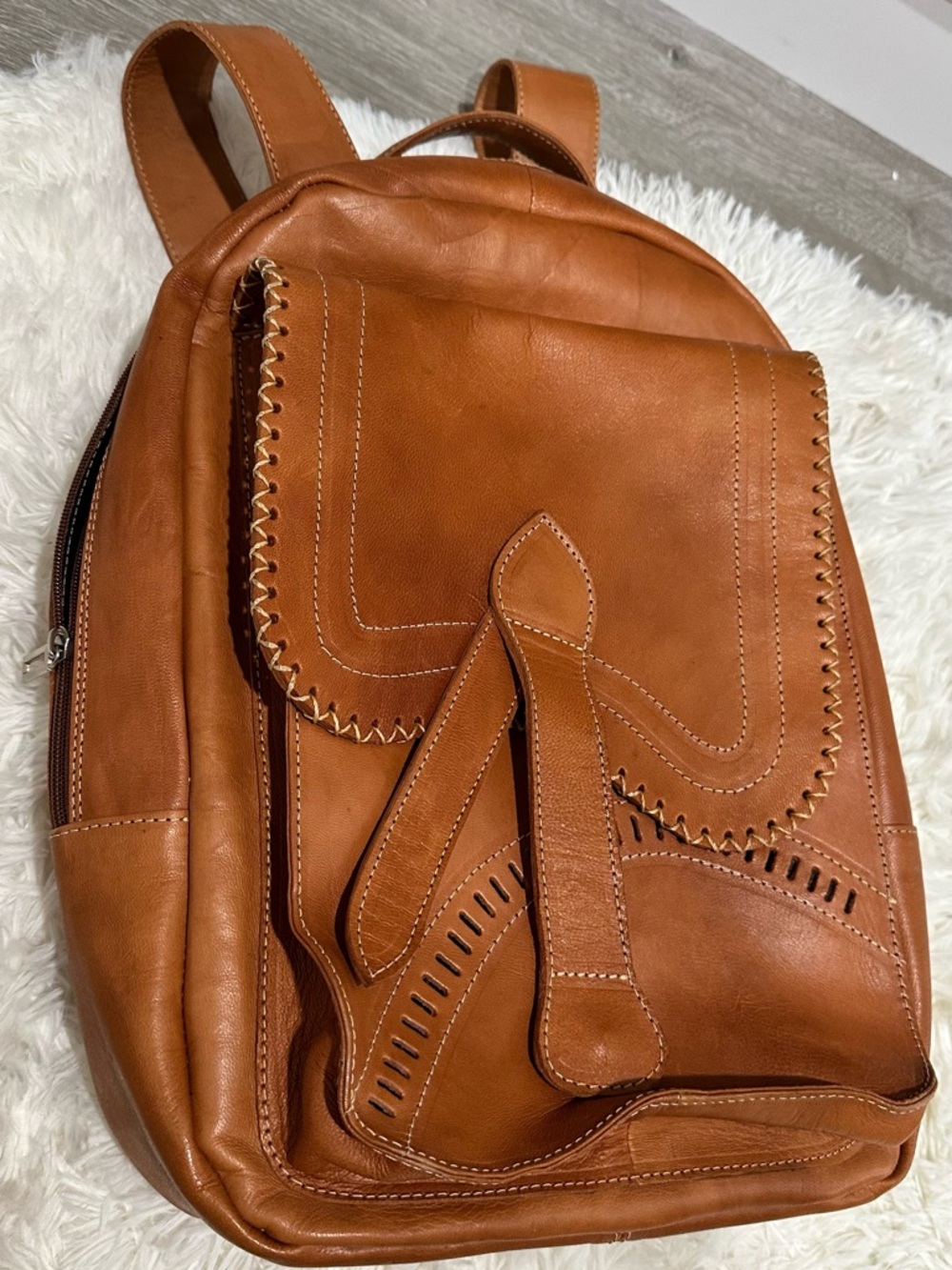 Handcrafted Genuine Leather Backpack Cognac Brown Boho Artisan Style